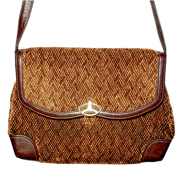 Vintage Chenille Corduroy Crossbody Purse Lock Buckle Leather Mod Retro Mob Wife - Picture 1 of 16